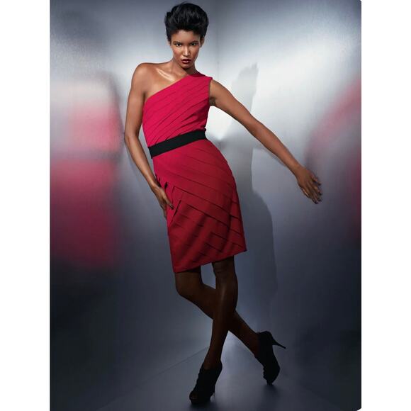 Tadashi Shoji Cherry Red One Shoulder Tiered Jersey Midi Dress Size XL - Picture 3 of 8